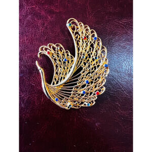 Gold-Tone Peacock Brooch with Green, Red and Blue Rhinestones Costume Jewelry